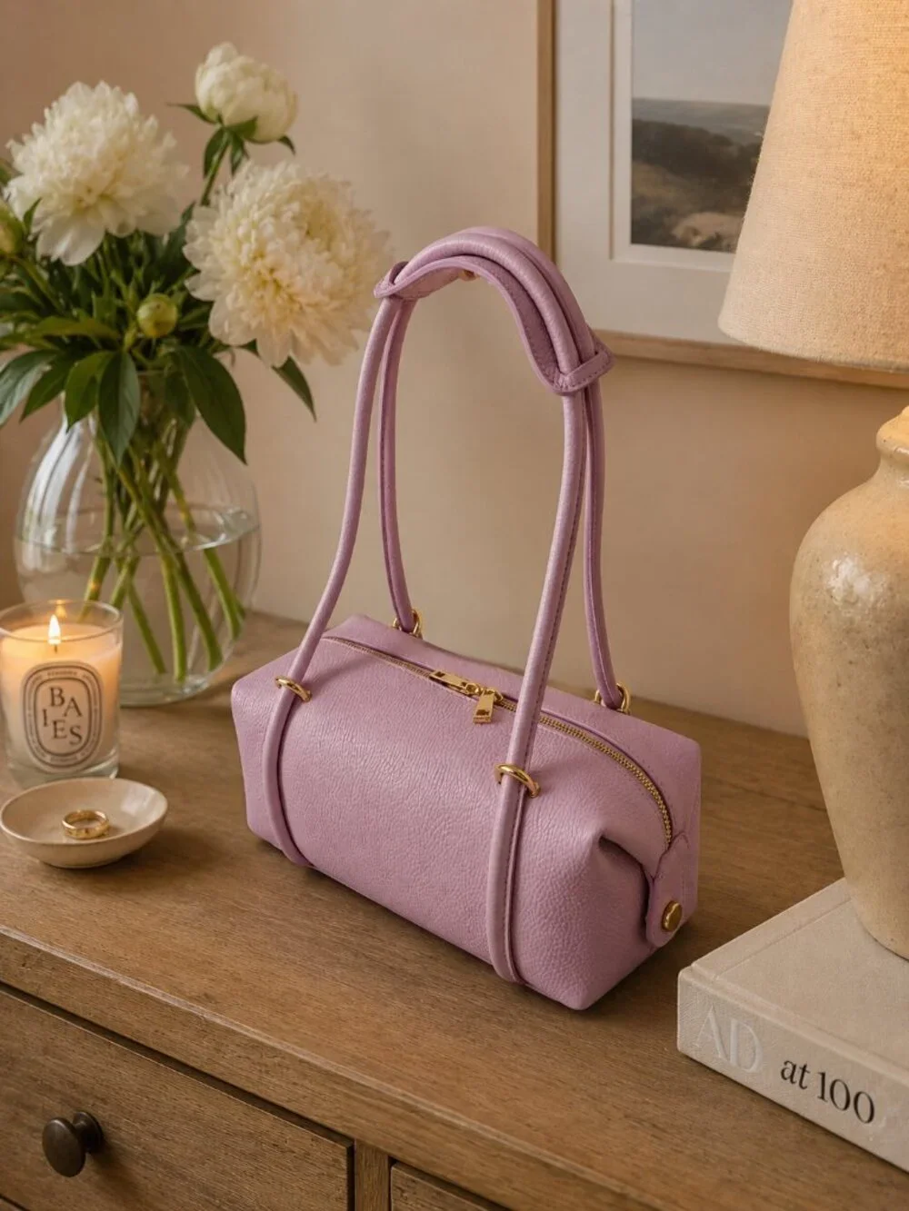 Lilac Italian Leather Barrel Bag, East West Shoulder Bag, Genuine Leather Purse